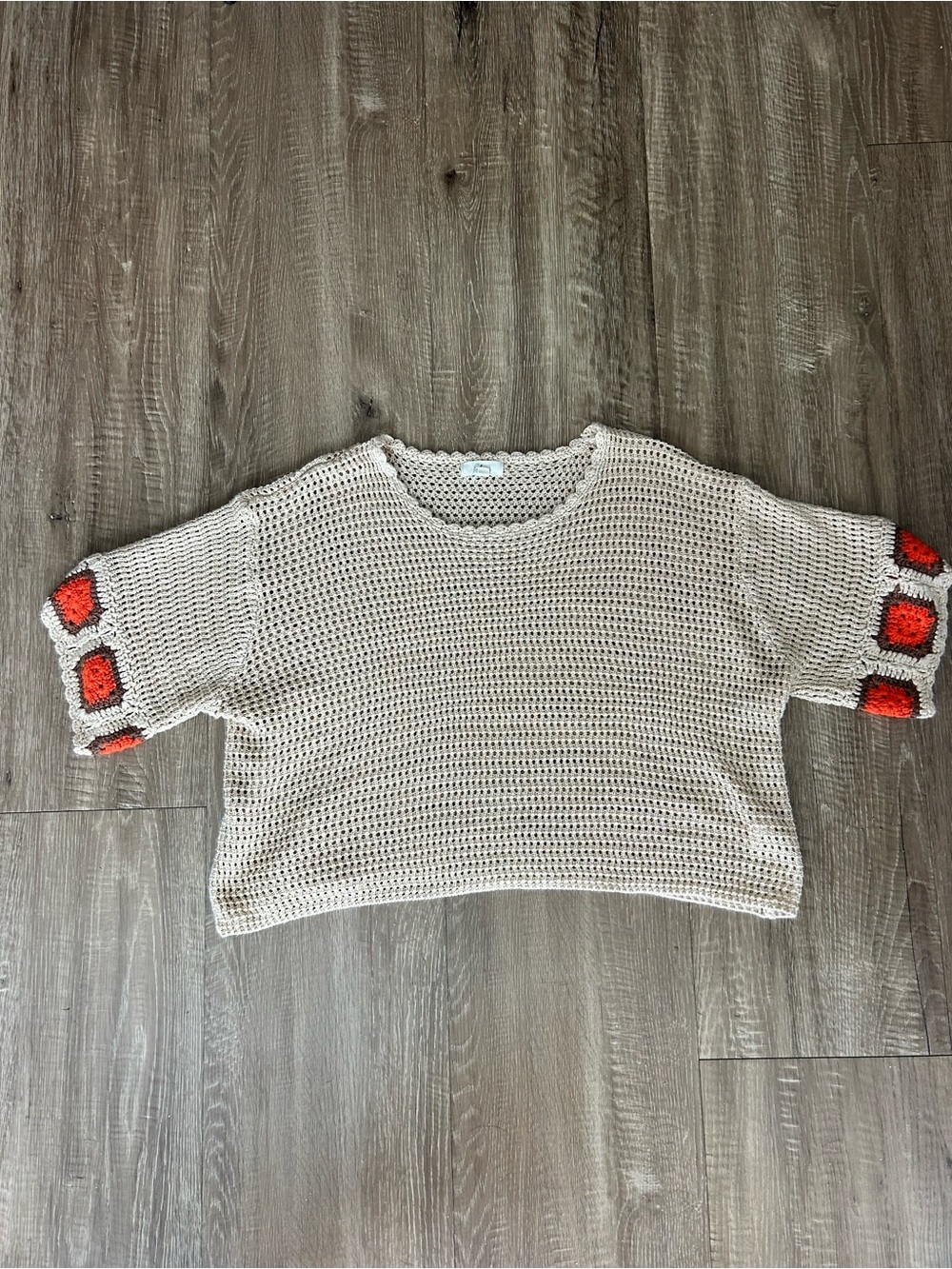 Elan Beige Crochet Boxy Sweater with Orange Sleeve Accents